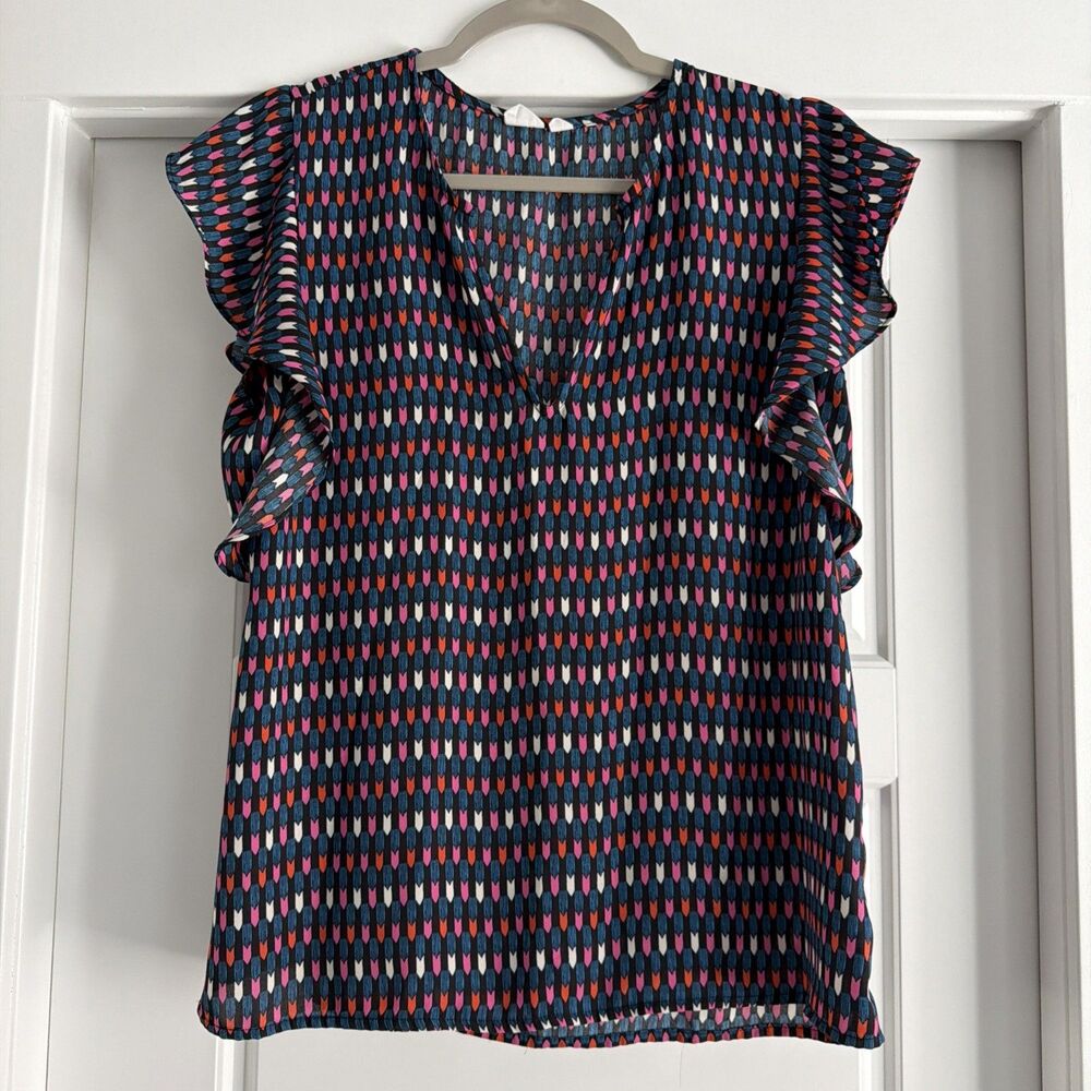 GAP Blouse Womens S Pullover V-Neck Ruffle Cap Sleeve Blue Red Pink Shirt